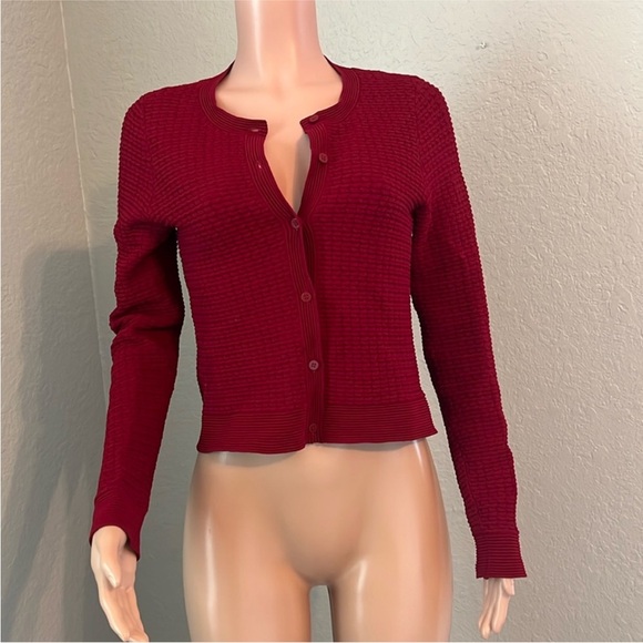 SANDRO Paris Red Stretch Knit Long Sleeve Open Cropped Cardigan Sweater #04 - Picture 1 of 5